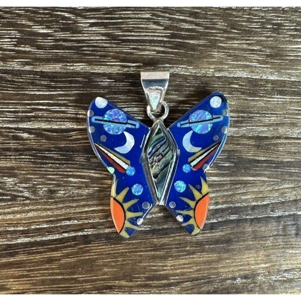 Native Zuni Sterling Silver Multi Stone Inlay Galaxy Butterfly Pendant Signed LU